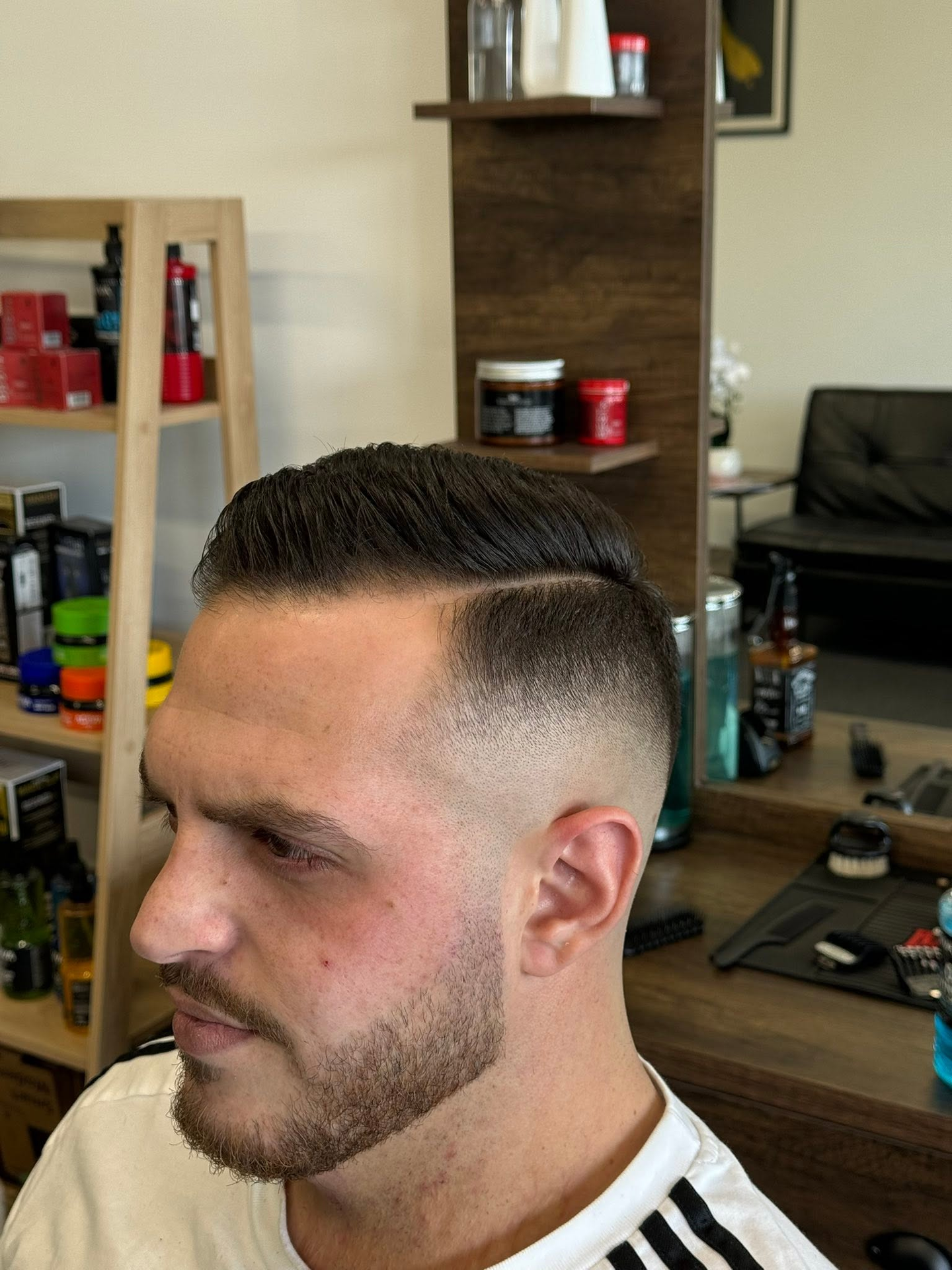 Fresh fade and lineup, three-quarter view